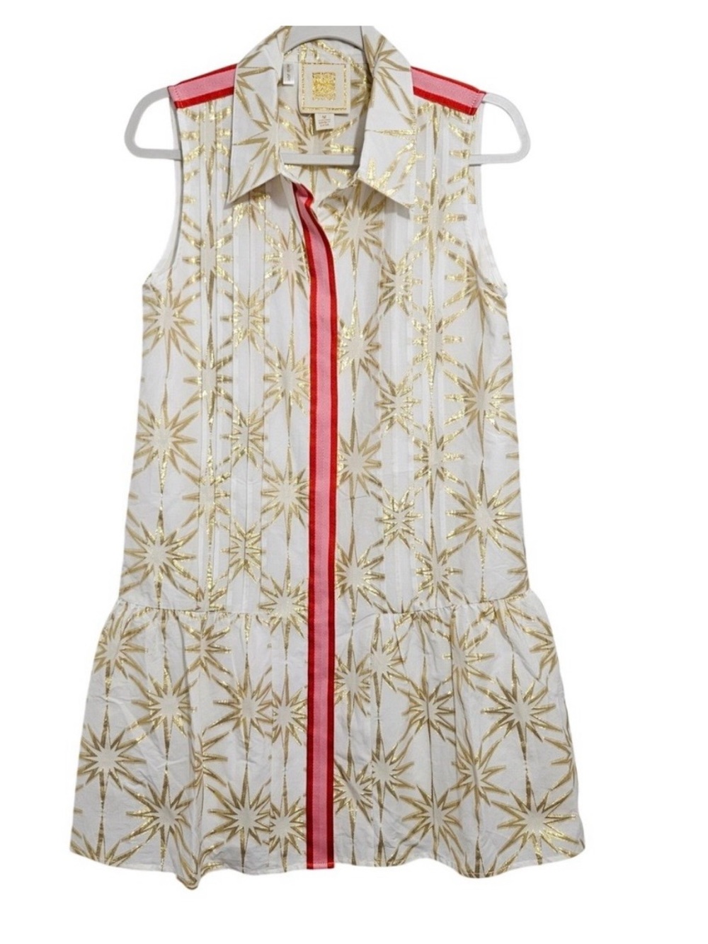 Emily McCarthy sleeveless shirt dress with gold sunburst and fun trim, worn once
